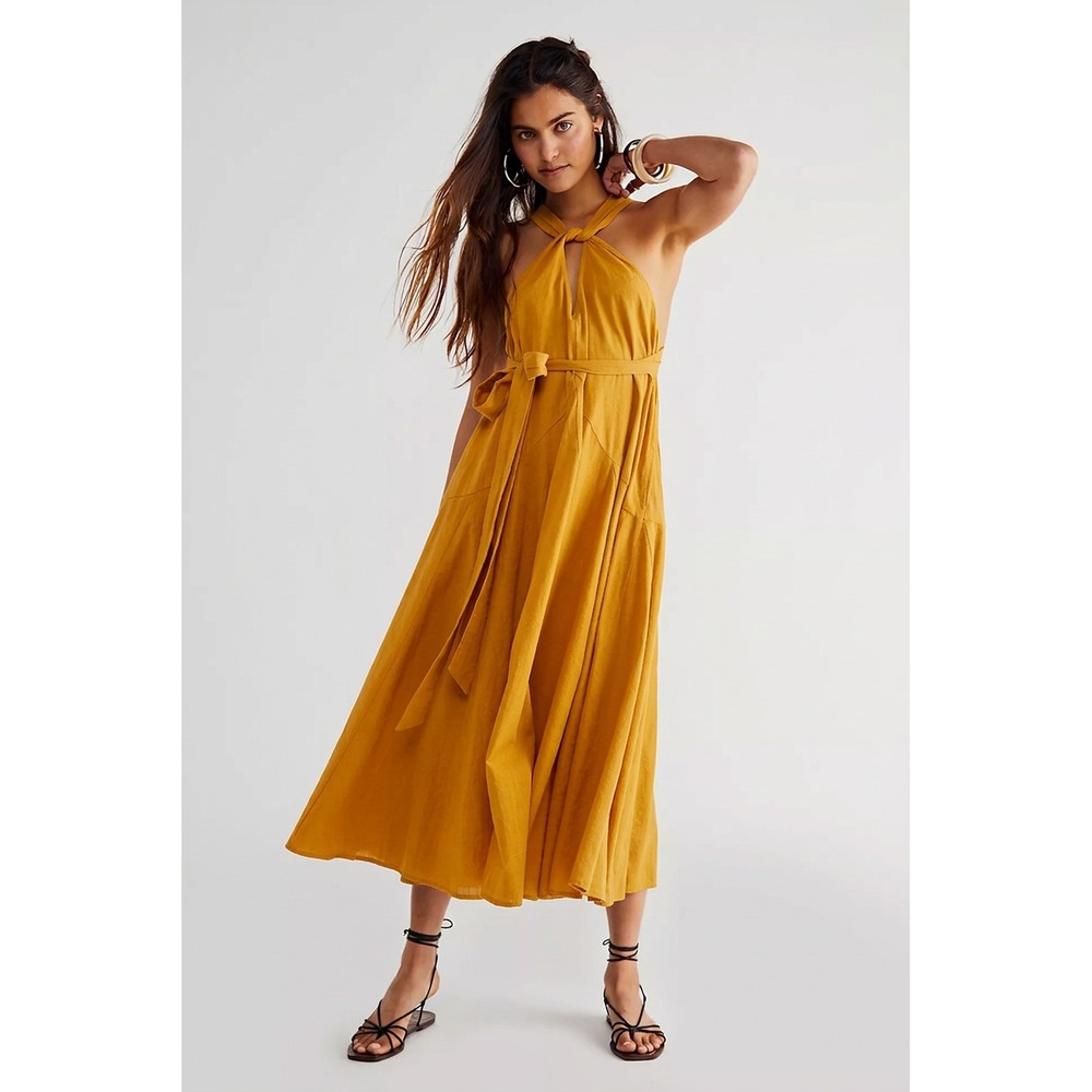 Free People Holding On Convertible Maxi Dress Womens Cotton Linen Mustard Yellow